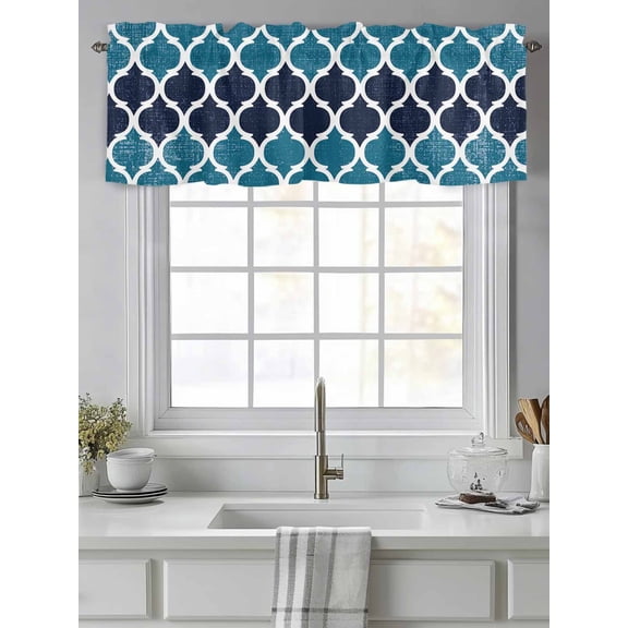 Curtain Valance for Windows,Teal Moroccan Pattern Buffalo Check Kitchen Valances Rod Pocket Short Curtains,Navy Blue Style Window Treatment Panel for Bedroom Bathroom 42"x12"