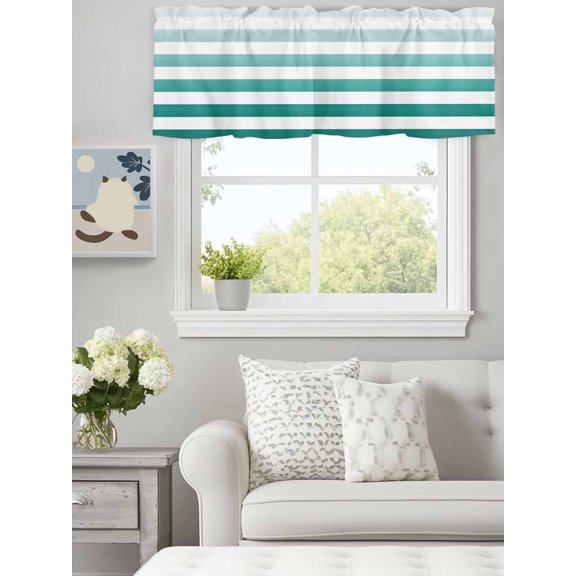 Curtain Valance for Windows,Teal Stripe Watercolor Gradient Kitchen Valances Rod Pocket Short Curtains,Turquoise White Lines Window Treatment Panel for Bedroom Bathroom 60"x18"