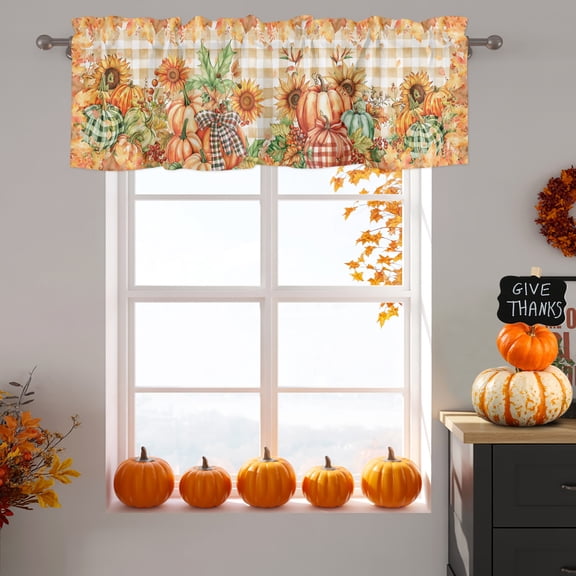 Curtain Valance for Windows, Thanksgiving Fall Harvest Pumpkin Kitchen Valances Rod Pocket Short Curtains 60x18in, Sunflower Leaves on Orange Plaid Window Valance for Bedroom Bathroom Living room