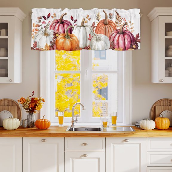 Curtain Valance for Windows, Thanksgiving Orange Pumpkin Kitchen Valances Rod Pocket Short Curtains 54x18in, Dark Red Leaves on Top Window Valance for Bedroom Bathroom Living room