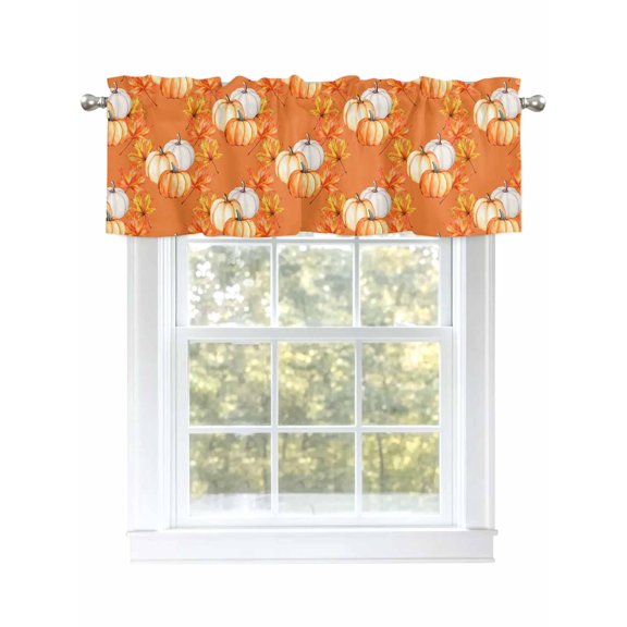 Curtain Valance for Windows,Thanksgiving Orange Pumpkin Seamless Kitchen Valances Rod Pocket Short Curtains,Fall Maple Leaves Watercolor Window Treatment Panel for Bedroom Bathroom 42"x12"