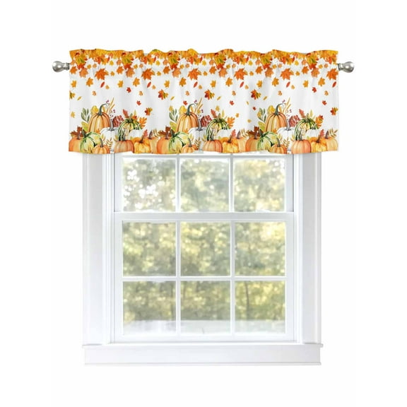 Curtain Valance for Windows,Thanksgiving Pumpkin Orange Watercolor Kitchen Valances Rod Pocket Short Curtains,Autumn Maple Leaves Window Treatment Panel for Bedroom Living Room Bathroom 60"x18"