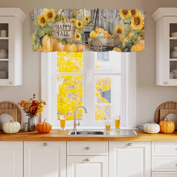 Curtain Valance for Windows,Thanksgiving Pumpkin Retro Cabin Kitchen Valances Rod Pocket Short Curtains,Autumn Maple Leaves Window Treatment Panel for Bedroom Living Room Bathroom 54"x18"