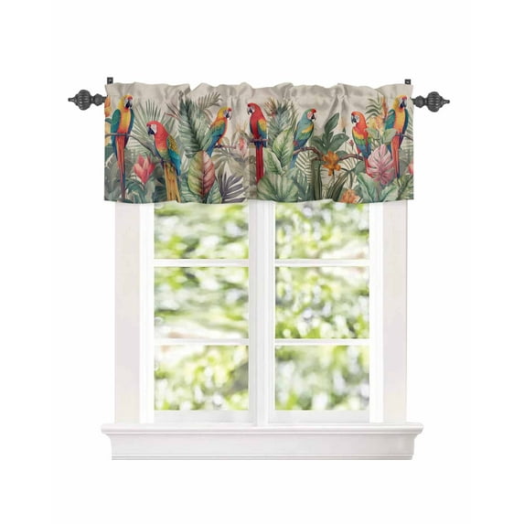 Curtain Valance for Windows Tropical Birds Parrot on Branch Kitchen Valances Rod Pocket Short Curtains,Green Palm Leaves on Burlap Window Treatment Panel for Living Room Bathroom Bedroom 54x18in