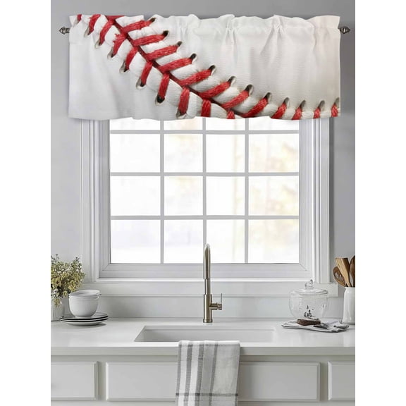 Curtain Valance for Windows,USA Baseball Red Needle Stripe Kitchen Valances Rod Pocket Short Curtains,Sports White Back Window Treatment Panel for Bedroom Bathroom 42"x12"