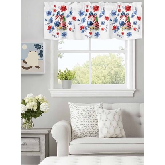Curtain Valance for Windows, USA Flag Cherries with Bow Kitchen Valances Rod Pocket Short Curtains, Watercolor Red Blue Bouquet Window Valance for Bedroom Bathroom Living room 60x18in