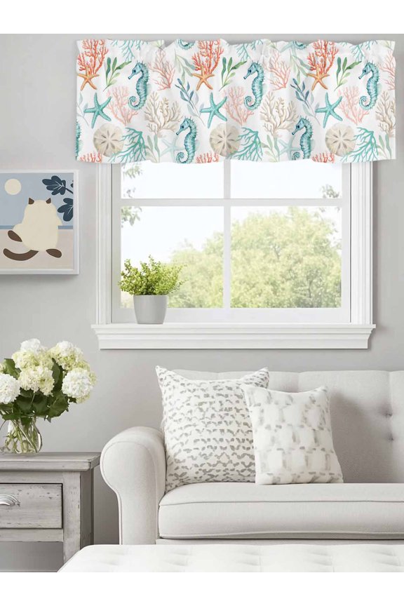 Curtain Valance for Windows, Underwater Seahorse Ocean Coral Kitchen Valances Rod Pocket Short Curtains, Watercolor Marine Creature Window Valance for Bedroom Bathroom Living room 60x18in