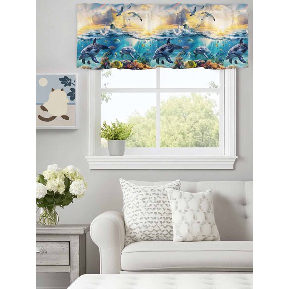 Curtain Valance for Windows, Underwater World Dolphins Seagulls Kitchen Valances Rod Pocket Short Curtains, Tropical Ocean Marine Life Window Valance for Bedroom Bathroom Living room 60x18in