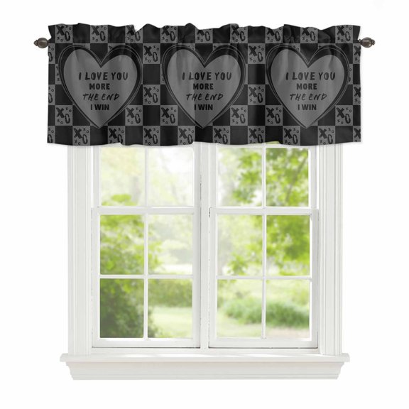Curtain Valance for Windows, Valentine's Day XO Love Heart Kitchen Valances Rod Pocket Short Curtains, Grey and Black Check Window Valance for Bedroom Bathroom Living room 42x12in