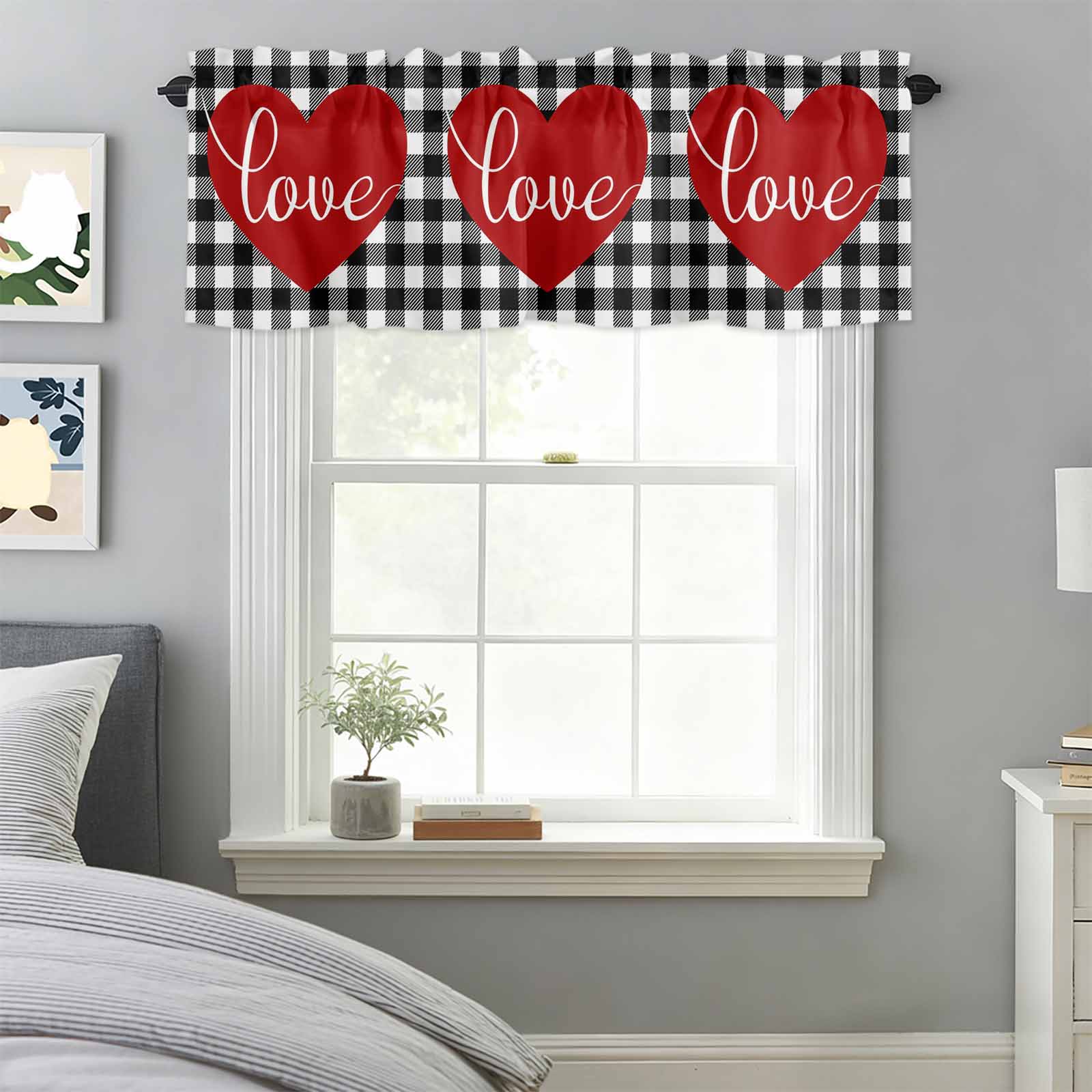 Curtain Valance for Windows, Valentines Love Quote on Red Heart Kitchen ...