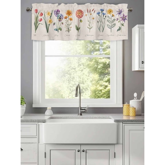 Curtain Valance for Windows,Vintage Chic Colored Blooming Flower Kitchen Valances Rod Pocket Short Curtains,Retro Burlap Floral Window Treatment Panel for Bedroom Bathroom 42x12in