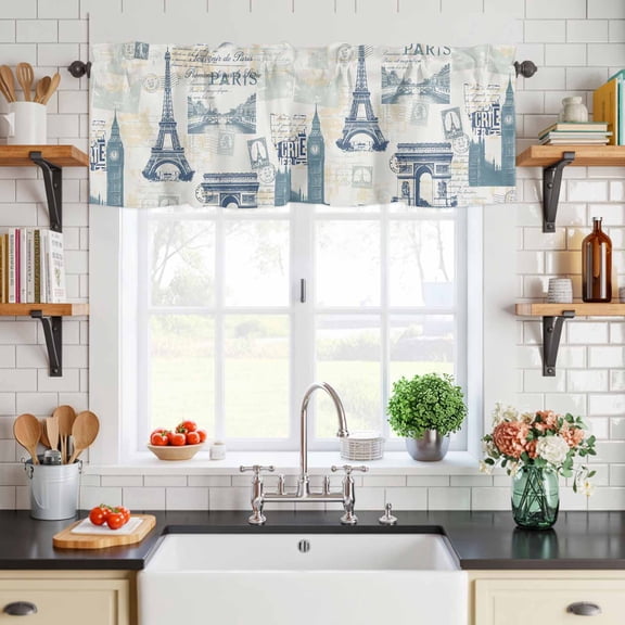 Curtain Valance for Windows Vintage Paris Architectural Blue Short Rod Pocket Kitchen Valances Blackout Curtains Modern Abstract Art Window Treatment for Living Room Bathroom Bedroom,54"x18"