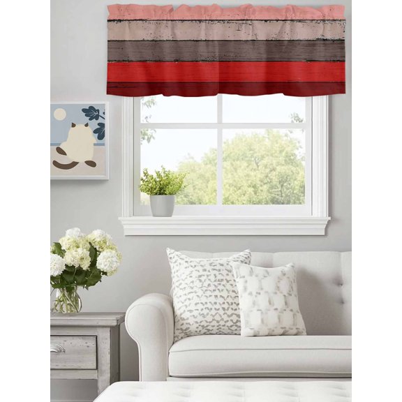 Curtain Valance for Windows,Vintage Red Brown Wood Grain Kitchen Valances Rod Pocket Short Curtains,Gradient Classic Stripe Window Treatment Panel for Bedroom Bathroom 60x18in