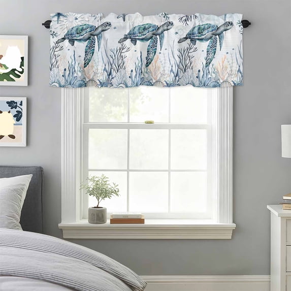 Curtain Valance for Windows, Vintage Turtle Coral Seaweed Kitchen Valances Rod Pocket Short Curtains, Summer Blue Ocean Window Valance for Bedroom Bathroom Living room 42x18in