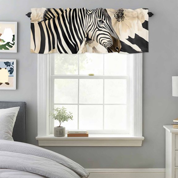 Curtain Valance for Windows, Vintage Zebra Print Flower Kitchen Valances Rod Pocket Short Curtains, Farmhouse Animal Blossom Floral Window Valance for Bedroom Bathroom Living room 42x18in