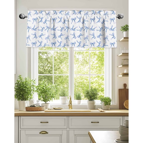 Curtain Valance for Windows,Watercolor Blue Bow Kitchen Valances Rod Pocket Short Curtains,Romantic Style Window Treatment Panel for Bedroom Bathroom 42"x18"