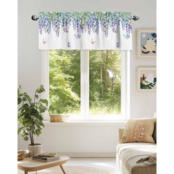 Curtain Valance for Windows,Watercolor Eucalyptus Leaves Kitchen Valances Rod Pocket Short Curtains,Spring Flower Lavender Butterfly Window Treatment Panel for Bedroom Bathroom 42x18in