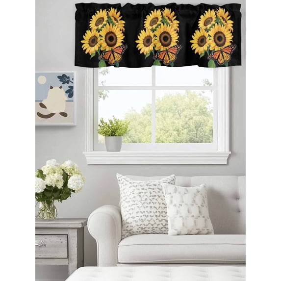 Curtain Valance for Windows,Watercolor Farm Sunflowers Kitchen Valances Rod Pocket Short Curtains,Country Butterflies on Black Window Treatment Panel for Bedroom Bathroom 60x18in