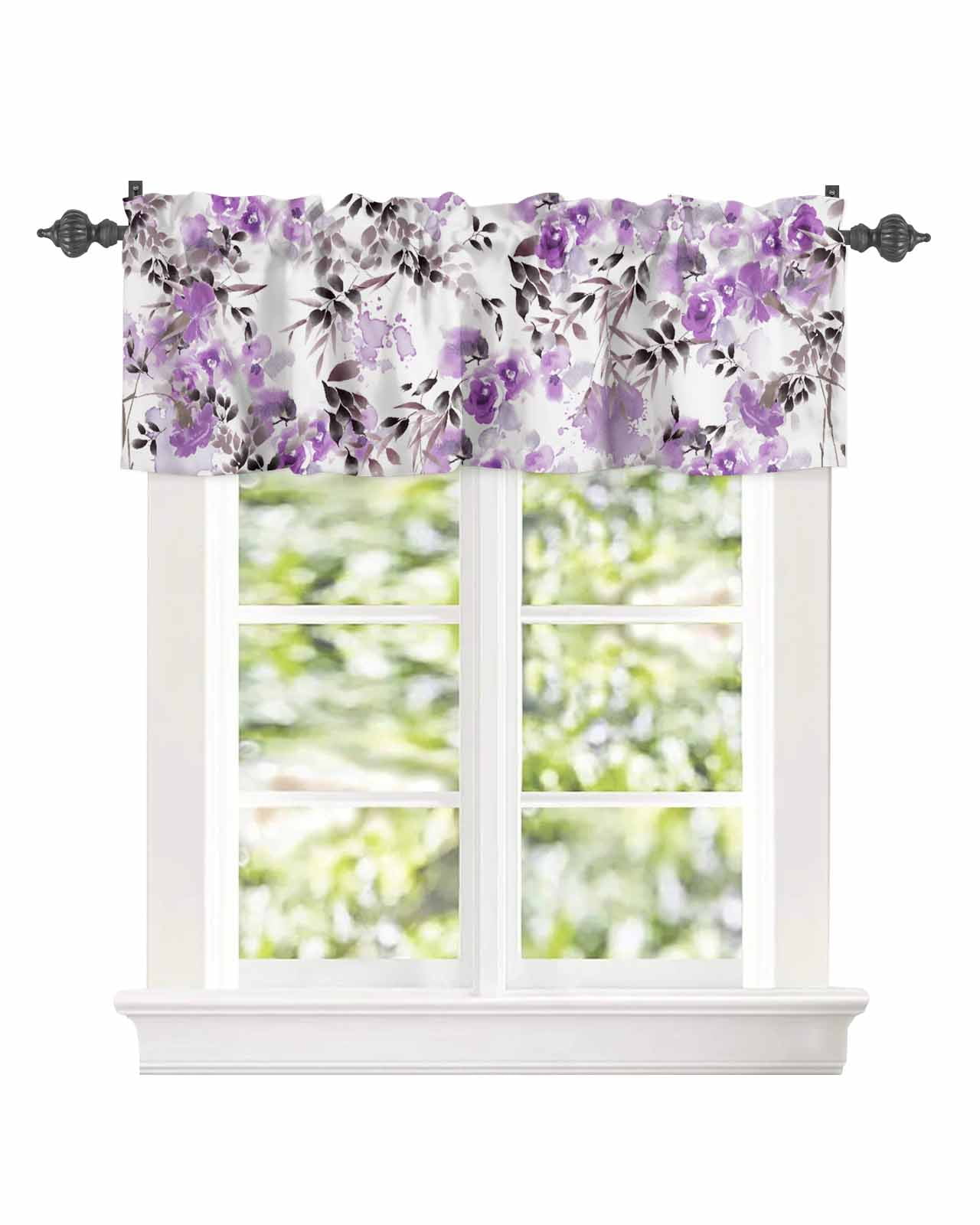 Curtain Valance for Windows Watercolor Gradient Purple Rose Floral Leaf ...