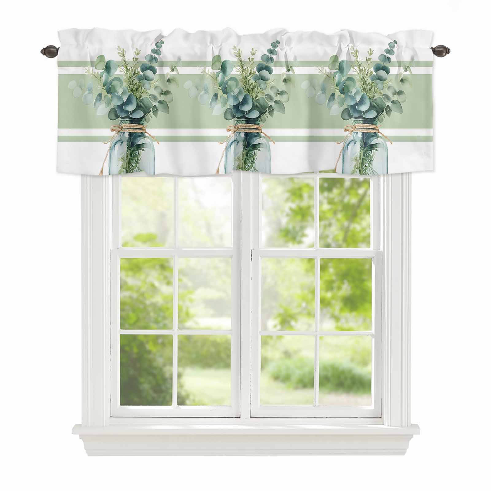 Curtain Valance for Windows, Watercolor Green Botanical Leaves Kitchen ...
