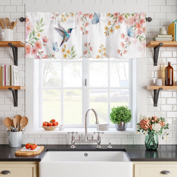 Curtain Valance for Windows Watercolor Hummingbird Butterflies Short Rod Pocket Kitchen Valances Blackout Curtains Colorful Floral Pattern Window Treatment for Living Room Bathroom Bedroom,54"x18"