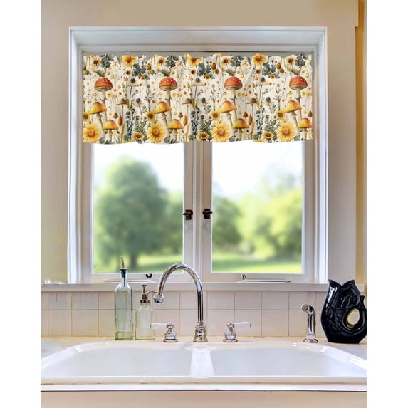 Curtain Valance for Windows Watercolor Mushroom Daisy Seamless Kitchen Valances Rod Pocket Short Curtains,Country Flower Retro Linen Window Treatment Panel for Living Room Bathroom Bedroom 42x12in