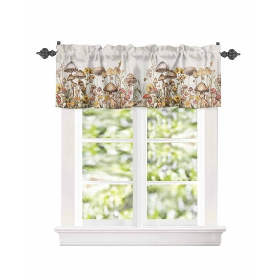 Curtain Valance for Windows Watercolor Mushroom Wildflower Kitchen Valances Rod Pocket Short Curtains,Retro Pastoral Floral Botanical Window Treatment Panel for Living Room Bathroom Bedroom 60x18in