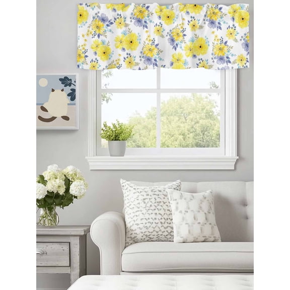 Curtain Valance for Windows, Watercolor Rustic Flower Leaf Kitchen Valances Rod Pocket Short Curtains, Spring Yellow Purple Blue Floral Window Valance for Bedroom Bathroom Living room 60x14in