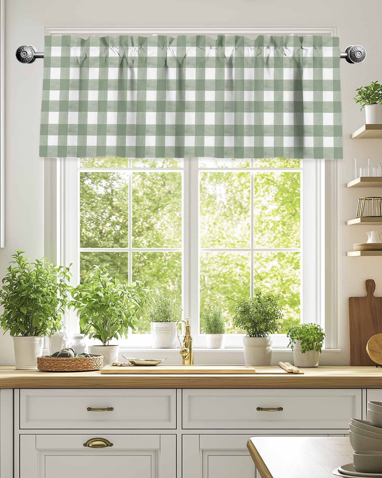Curtain Valance for Windows,Watercolor Sage Green Lattice Checker ...