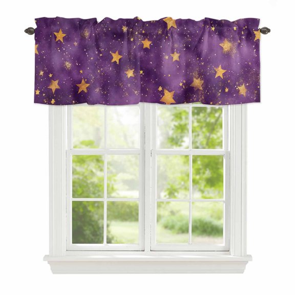 Curtain Valance for Windows, Watercolor Starry Sky on Purple Kitchen Valances Rod Pocket Short Curtains, Dream Seamless Gold Star Window Valance for Bedroom Bathroom Living room 42x12in
