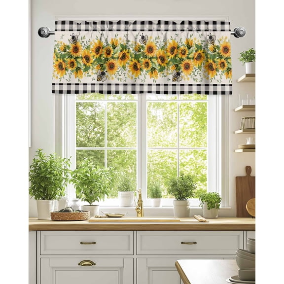 Curtain Valance for Windows,Watercolor Sunflower Bee Green Leaves Kitchen Valances Rod Pocket Short Curtains,Black Buffalo Plaid Window Treatment Panel for Bedroom Bathroom 54"x18"