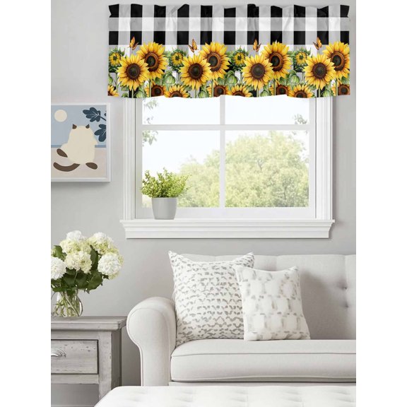 Curtain Valance for Windows,Watercolor Sunflower Bee Green Leaves Kitchen Valances Rod Pocket Short Curtains,Black White Checker Window Treatment Panel for Bedroom Bathroom 60"x18"
