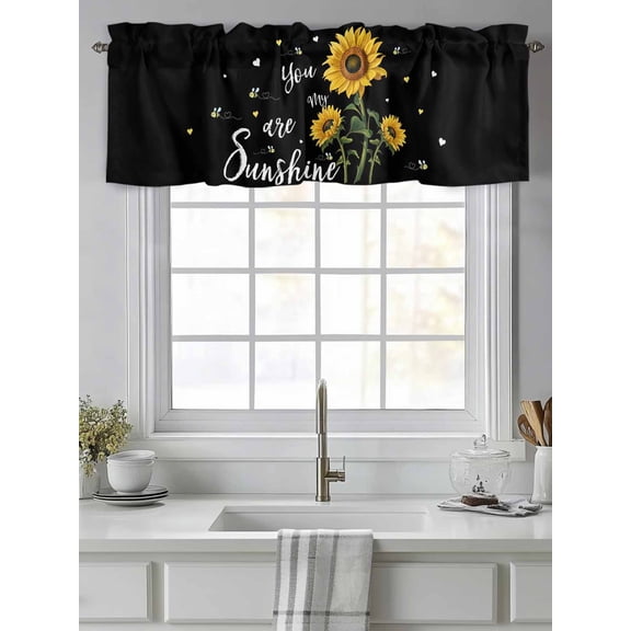 Curtain Valance for Windows,Watercolor Sunflower Bee Love Kitchen Valances Rod Pocket Short Curtains,Sunshine Quote Black Back Window Treatment Panel for Bedroom Bathroom 42"x12"
