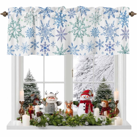 Curtain Valance for Windows,Watercolor Winter Snowflake Kitchen Valances Rod Pocket Short Curtains,Blue Green Seamless Snowflakes Window Treatment Panel for Bedroom Bathroom 54x18in