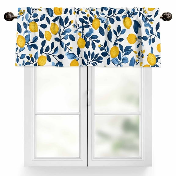 Curtain Valance for Windows Watercolor Yellow Lemon Blue Leaves Rod Pocket Valance Window Treatments 1 Panel Plant Short Curtains for Kitchen Windows Bathroom Bedroom 54x18in