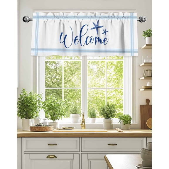 Curtain Valance for Windows,Welcome Words Blue Stripe Kitchen Valances Rod Pocket Short Curtains,Marine Life Starfish Window Treatment Panel for Bedroom Bathroom 54x18in