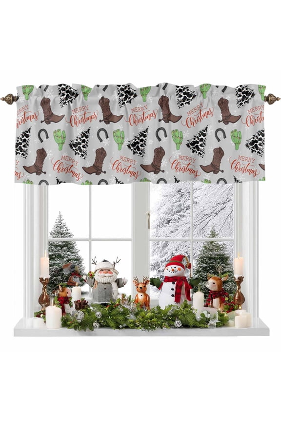 Curtain Valance for Windows,Western Boot Cactus Horseshoe Kitchen Valances Rod Pocket Short Curtains,Snowflake Cow Texture Tree on Grey Window Treatment Panel for Bedroom Bathroom 54x18in