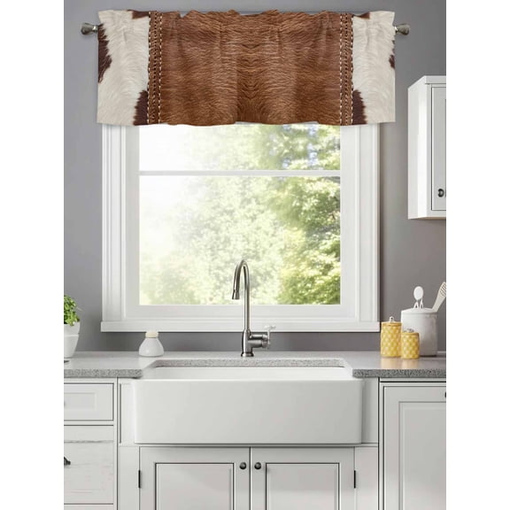 Curtain Valance for Windows,Western Cow Leather Texture Kitchen Valances Rod Pocket Short Curtains,Abstract Brown White Cow Print Window Treatment Panel for Bedroom Bathroom 42x12in