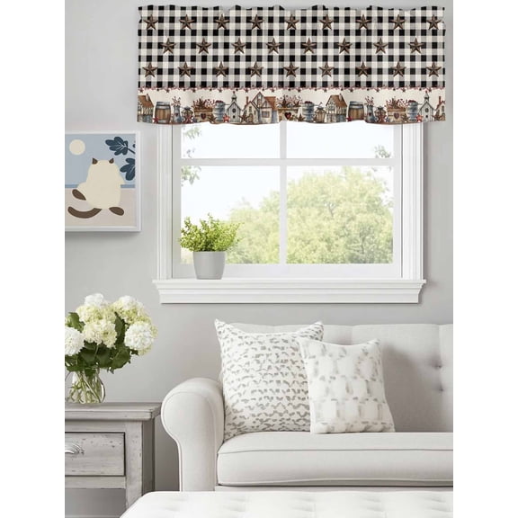 Curtain Valance for Windows,Western Star Buffalo Check Kitchen Valances Rod Pocket Short Curtains,Vintage Country Cottage Window Treatment Panel for Bedroom Bathroom 60x18in