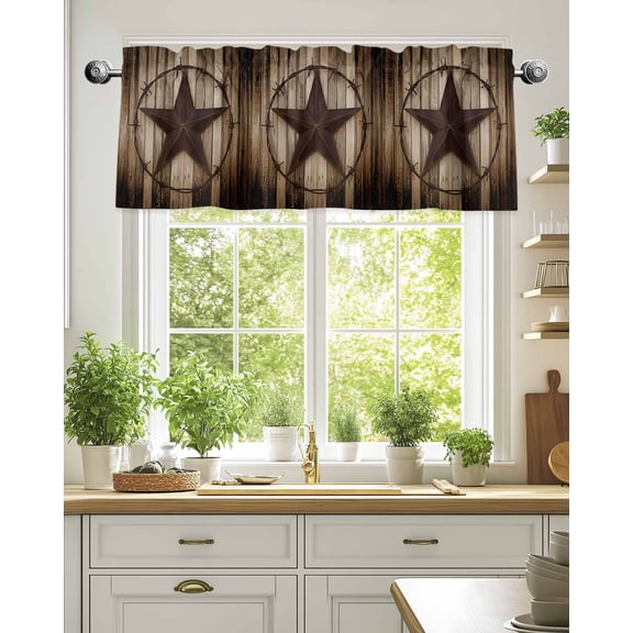 Curtain Valance for Windows,Western Star Farm Retro Wood Board Kitchen Valances Rod Pocket Short Curtains,Country Style Window Treatment Panel for Bedroom Bathroom 42"x18"