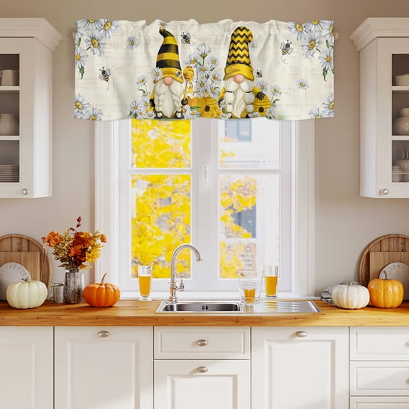 Curtain Valance for Windows, White Daisy Pastoral Gnome Bee Kitchen Valances Rod Pocket Short Curtains 42x12in, Summer Honey Hive Window Valance for Bedroom Bathroom Living room