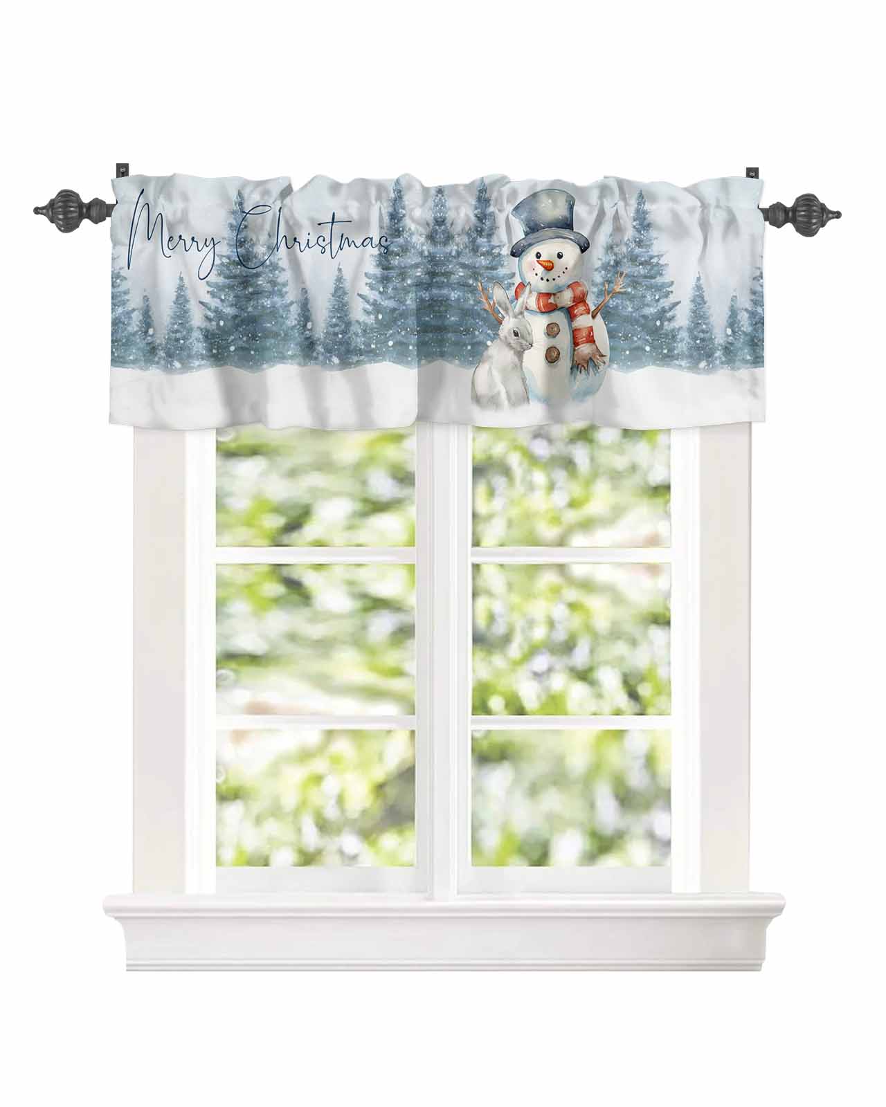 Curtain Valance for Windows Winter Merry Christmas Cute Snowman Bunny