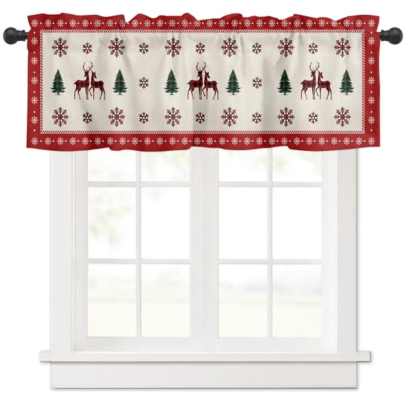 Curtain Valance for Windows Winter Snowflake Animal Elk Christmas Tree Shadow Kitchen Valances Rod Pocket Short Curtains,Red Green Buffalo Check Window Treatment for Bathroom Bedroom 42x18in