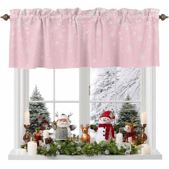 Curtain Valance for Windows,Xmas Snowflake Winter Snow Kitchen Valances Rod Pocket Short Curtains,White Snowflakes Seamless on Pink Window Treatment Panel for Bedroom Bathroom 54x18in
