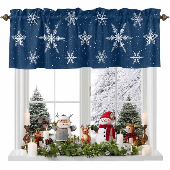 Curtain Valance for Windows,Xmas Winter Snowflakes Blue Back Kitchen Valances Rod Pocket Short Curtains,White Snowflakes Seamless Window Treatment Panel for Bedroom Bathroom 54x18in
