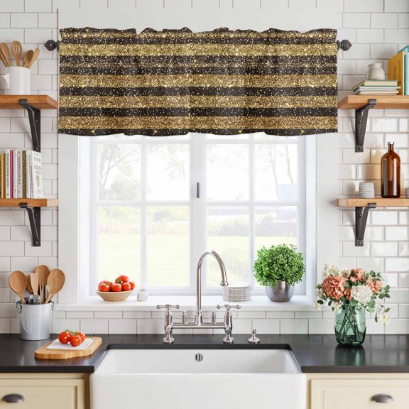 Curtain Valance for Windows Yellow Gold Glitter Black Stripes Short Rod Pocket Kitchen Valances Blackout Curtains Vertical Lines Window Treatment for Living Room Bathroom Bedroom,54"x18"