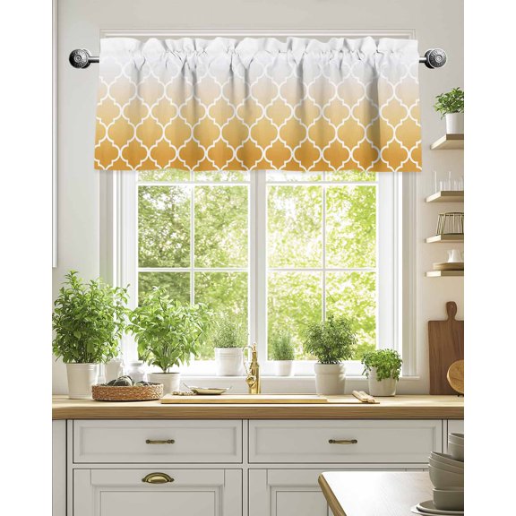 Curtain Valance for Windows,Yellow Gradient Moroccan Pattern Kitchen Valances Rod Pocket Short Curtains,White Stripes Buffalo Check Window Treatment Panel for Bedroom Bathroom 54"x18"