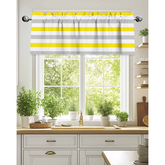 Curtain Valance for Windows,Yellow Stripes Gray White Lines Kitchen Valances Rod Pocket Short Curtains,Modern Minimalist Style Window Treatment Panel for Bedroom Bathroom 54"x18"