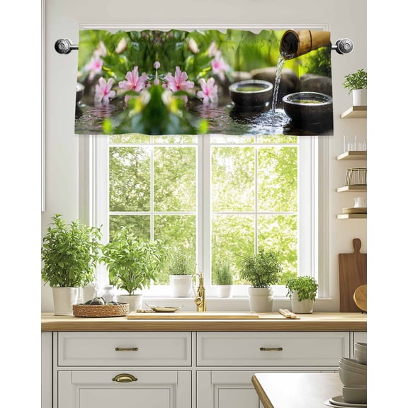 Curtain Valance for Windows,Zen Meditation Lake Water Kitchen Valances Rod Pocket Short Curtains,Natural Landscape Window Treatment Panel for Bedroom Bathroom 54"x18"