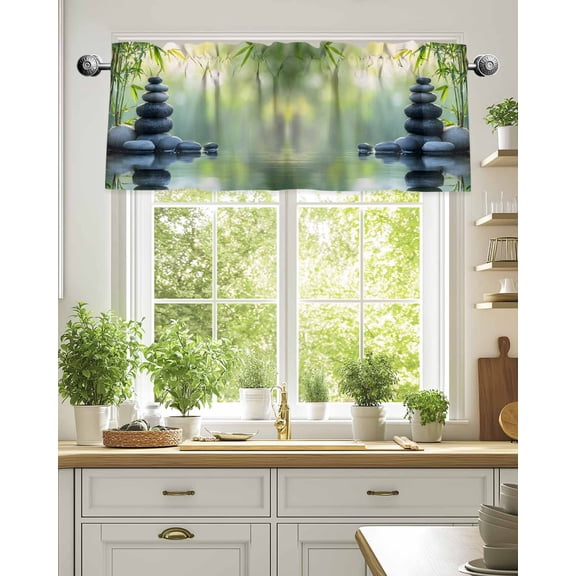 Curtain Valance for Windows,Zen Meditation Stone Lake Kitchen Valances Rod Pocket Short Curtains,Nature Landscape Still Life Window Treatment Panel for Bedroom Bathroom 42"x18"